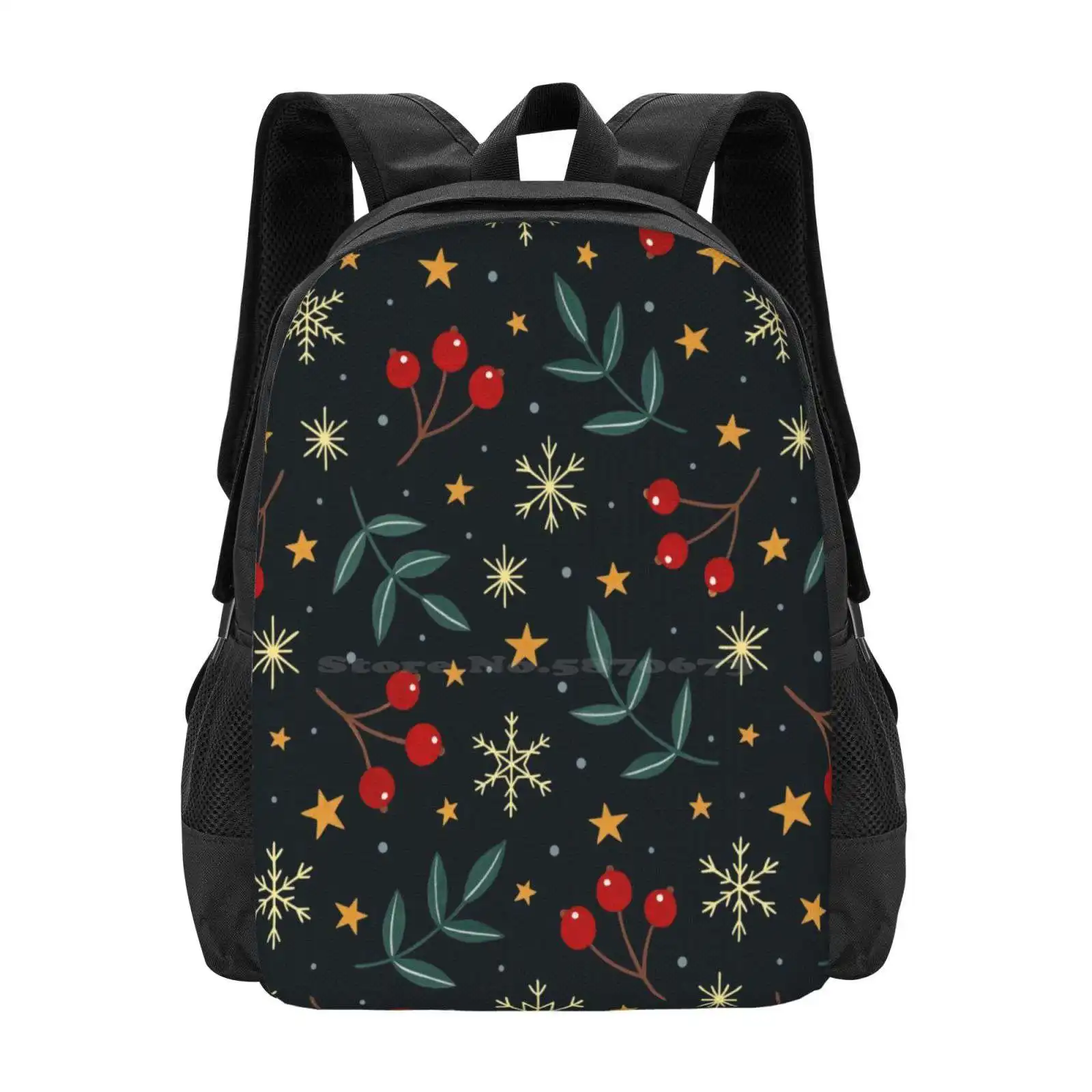 Winter Magic Large Capacity School Backpack Laptop Bags Gouache Winter Berries Berry Leaves Leaf Nature Snowflakes Stars Stary