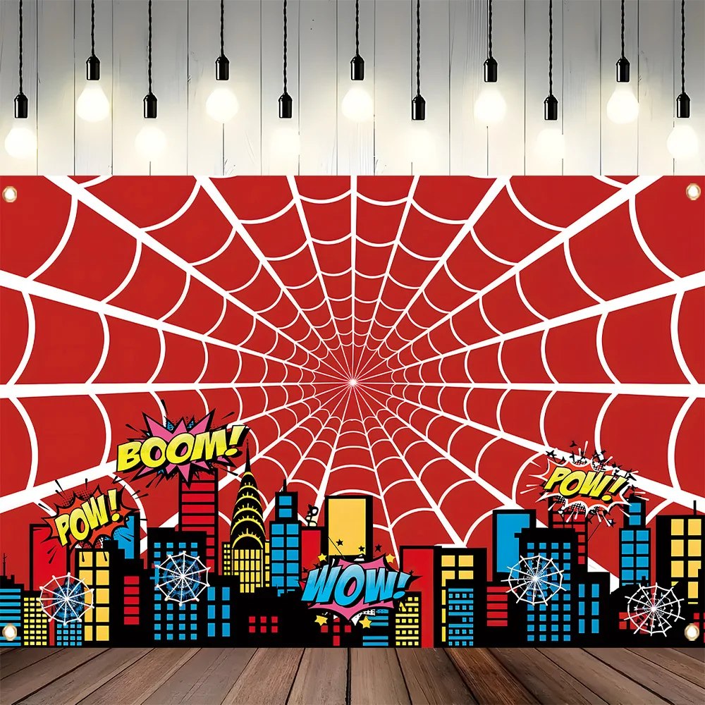 1-lebendes Held-Geburtstagsparty-Banner – Spinnennetz und Comic-Stadt-Skyline, Polyester-Hintergrund, Geburtstagsdekoration
