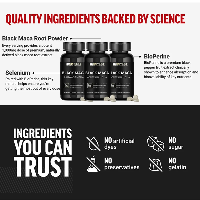 HABUMAMA Black Maca Booster for Men - Maca Supplements for Health, Energy & Endurance, Muscle Mass