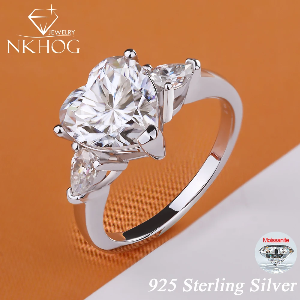 NKHOG 1/2/3/4CT Heart Shape Moissanite Rings For Women S925 Silver Three Diamond Wedding Gifts Band 18K Plated Pass Test Jewelry