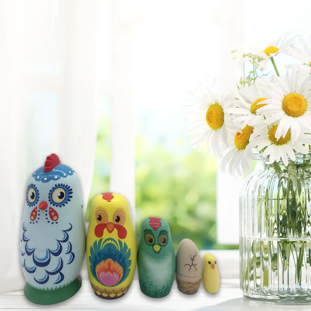 5Pcs Handmade Russian Nesting Dolls Wooden Dolls Chicken Dolls for