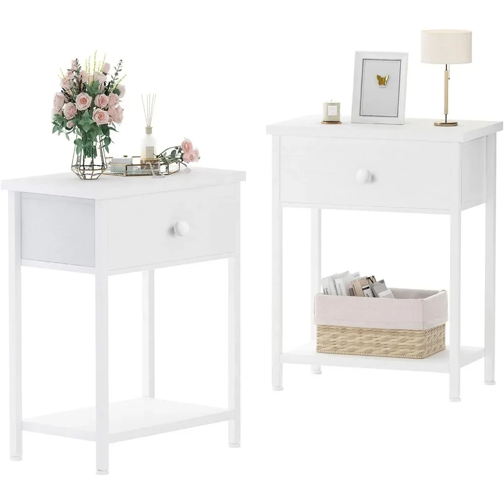 

White Nightstands Set of 2, Small Night Stand with Drawer and Shelf Storage End Table for Bedroom