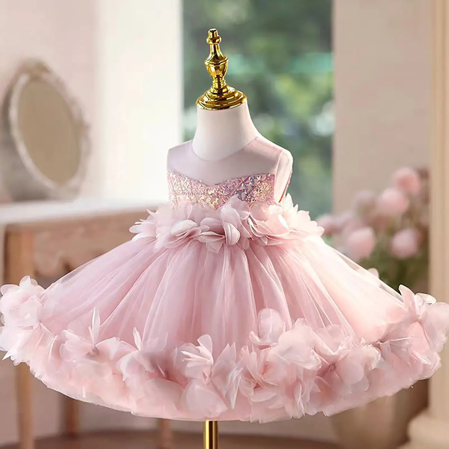 Dreamy Vow D094 Abito rosa con paillettes in tulle senza maniche per ragazze Affascinante mini abito da ballo primaverile estivo per feste di celebrazione dei bambini