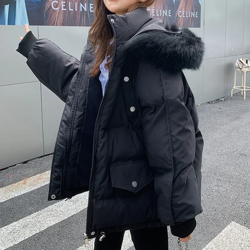 한국 단색 파카, 간단한 학생 루즈 코튼 코트, 겨울 모피 칼라 후드, 두껍고 따뜻한 재킷, 여성 빵 의류