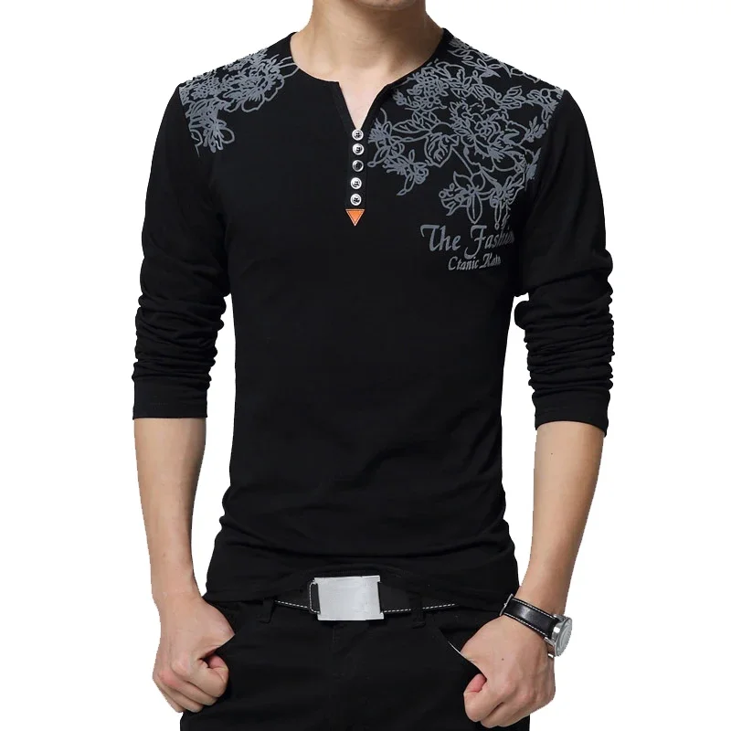 2024 Autumn Fashion Floral Print Men T-shirt Henry Collar Button Decorate Long Sleeve T-shirt for Men Tops Plus Size 5XL