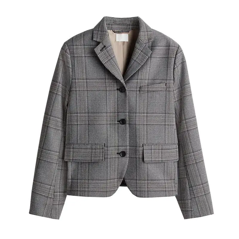 Lente nieuwe collectie dames casual lange Sve V-Ne enkele knop pak Jaet woon-werkverkeer Sle losse pasvorm ort lengte geruite pat...