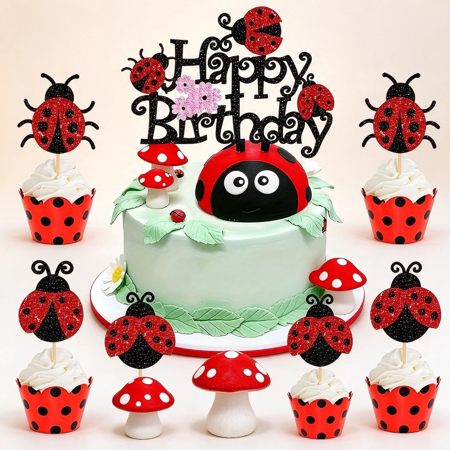 Ladybug Cupcake Toppers Flowers Insects Cupcake Picks Garden Theme Baby Shower Kids Birthday Party Cake Decorations Supplies - view 6