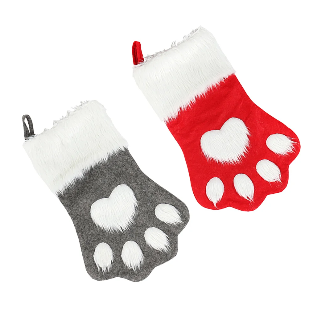 

2Pcs Dog Paw Pattern Christmas Gift Socks Grey Red Candy Bag Hanging Stockings for Tear Resistant Holiday Fun