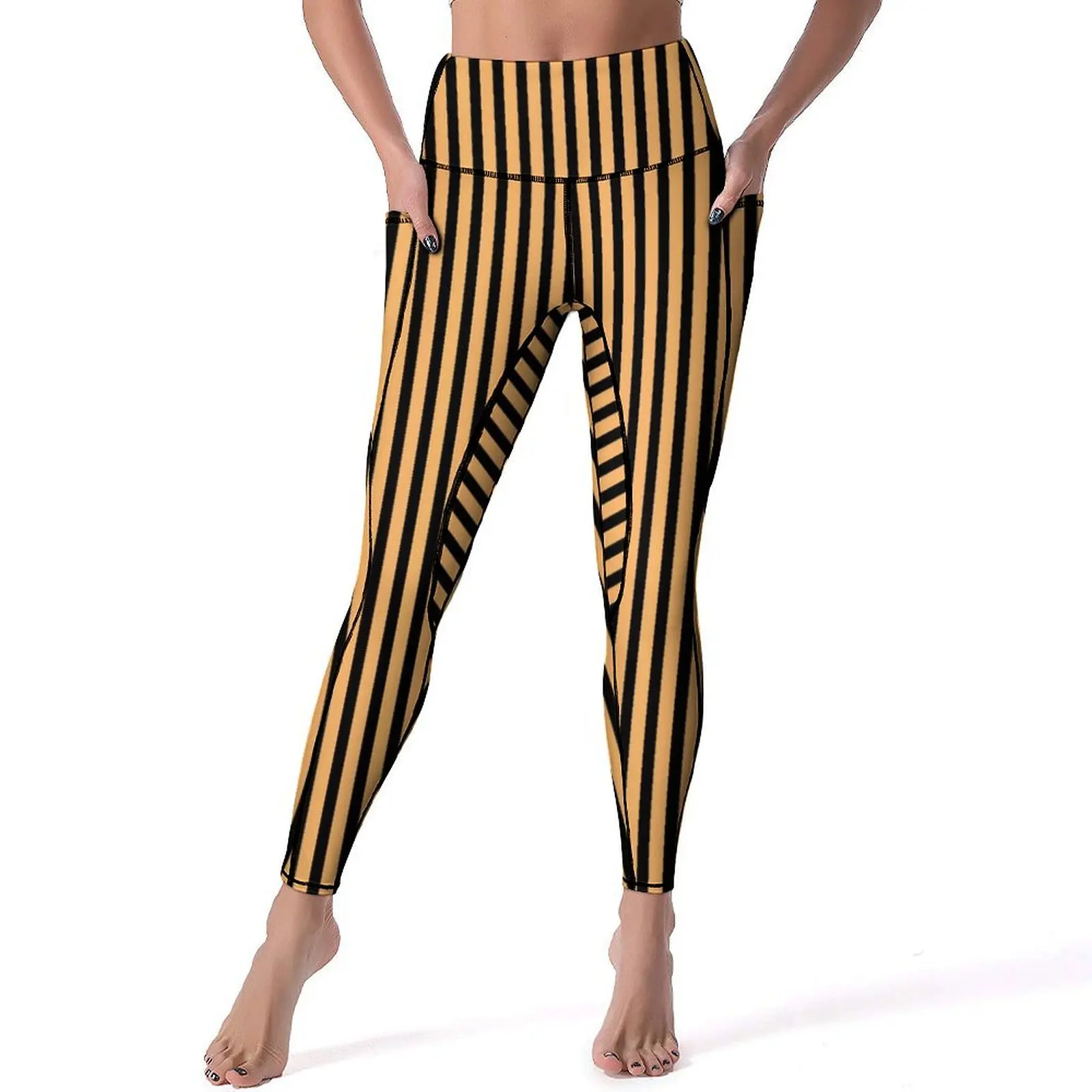 

Striped Print Yoga Pants Sexy Orange and Black Line Printed Leggings Push Up Gym Leggins Women Vintage Stretchy Sport Legging