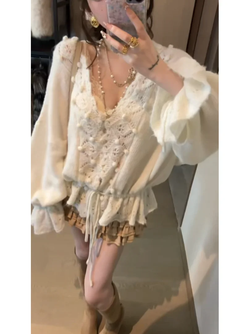 Women's V-Ne Long Sve Knitted Sweater with Dstring Hollow out Design Early Autumn Faion Small ence Top