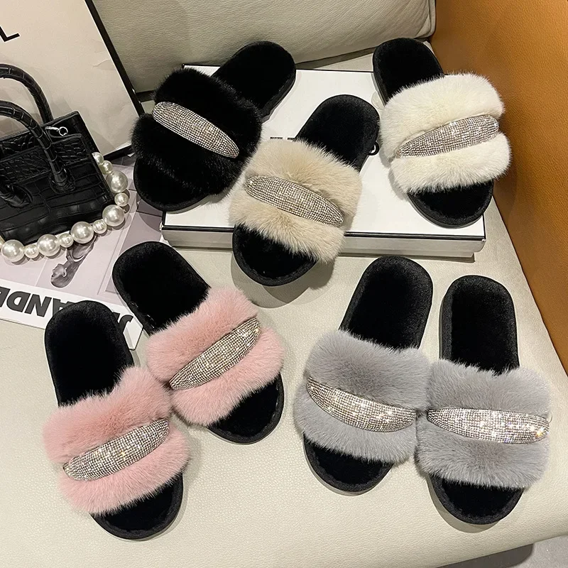 New Mao Mao crystal diamond-encrusted slippers women's fashion high and low hair one-word open cotton slippers cross-border