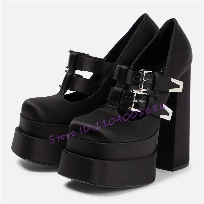 Black Satin Platform High Heels Women Pumps Metal Buckle Thick Soled Chunky Heel Mary Jane Shoes Summer New Dress Shoes Big Size