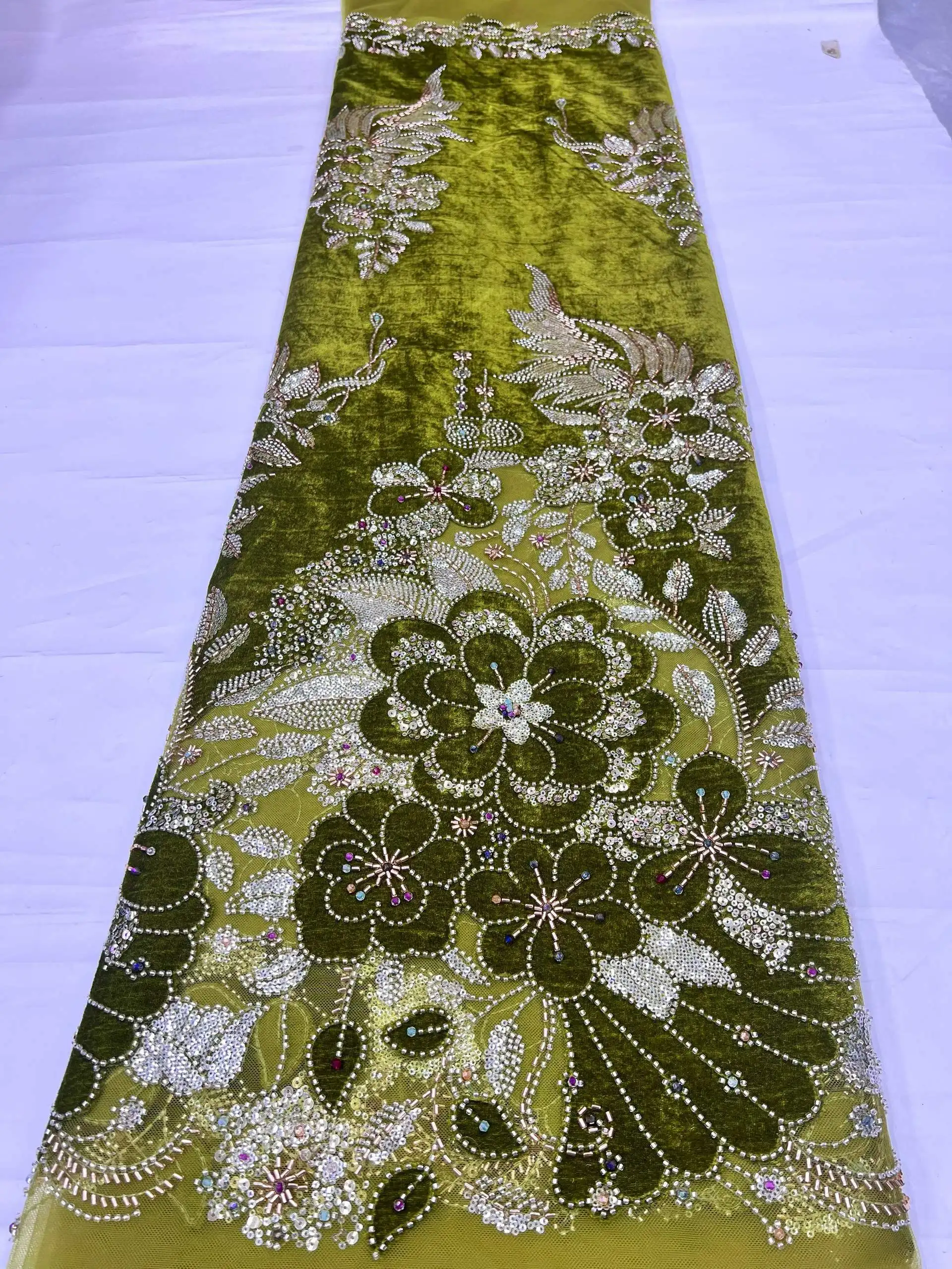 Sewing Velvet Fabric - ผ้าลูกไม้ทูลล์ฝรั่งเศสปักลายหรูหราประดับลูกปัดทำมือจากวัสดุกำมะหยี่ สำหรับงานปาร์ตี้ พร้อมเลื่อมและหินประดับแบบไนจีเรียสำหรับงานตัดเย็บ