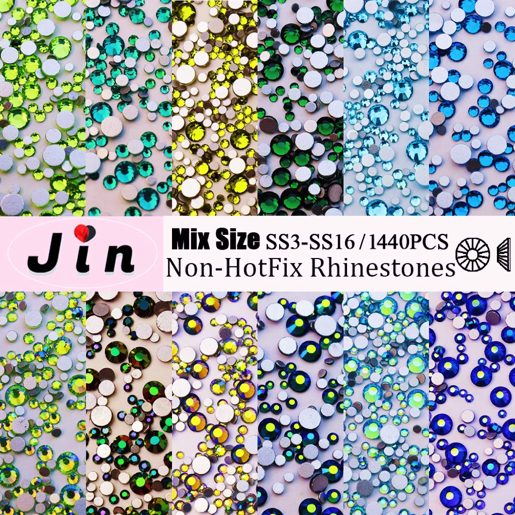 JIN mezcla de tamaños SS3-SS16 Diamante de imitación de cristal sin fijación por calor Strass Flatback decoraciones DIY piedras brillantes accesorios de Arte de uñas 3D