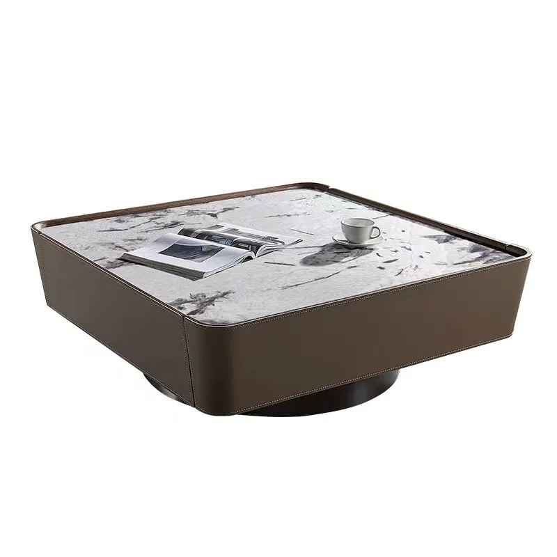 

Italian minimalist square saddle leather coffee table light luxury small apartment designer rock slab tea table modern living ro