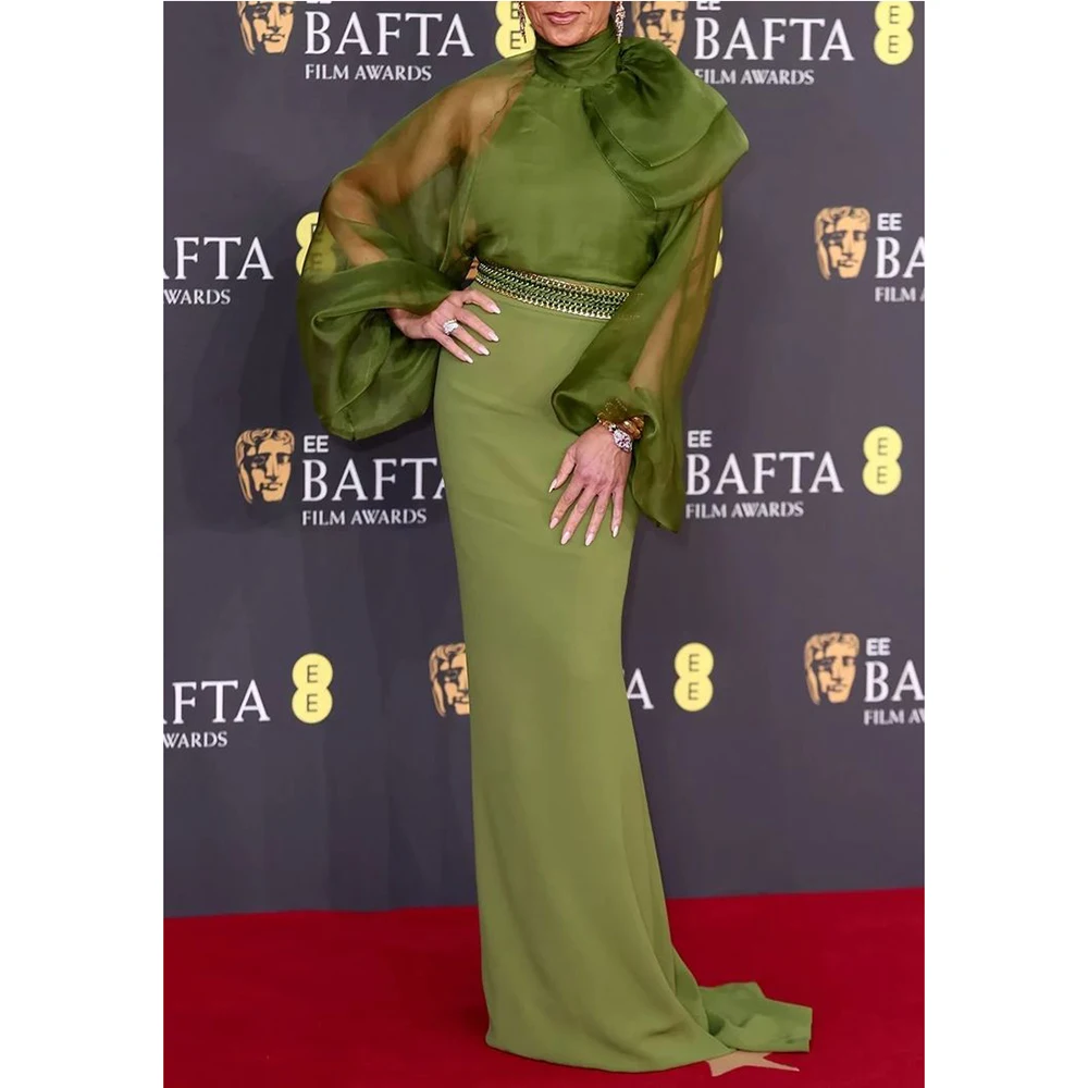 Elegante abito da ballo da donna verde oliva, collo alto, maniche lunghe, lunghezza fino al pavimento, abito a sirena, abito da sera per la festa della mamma