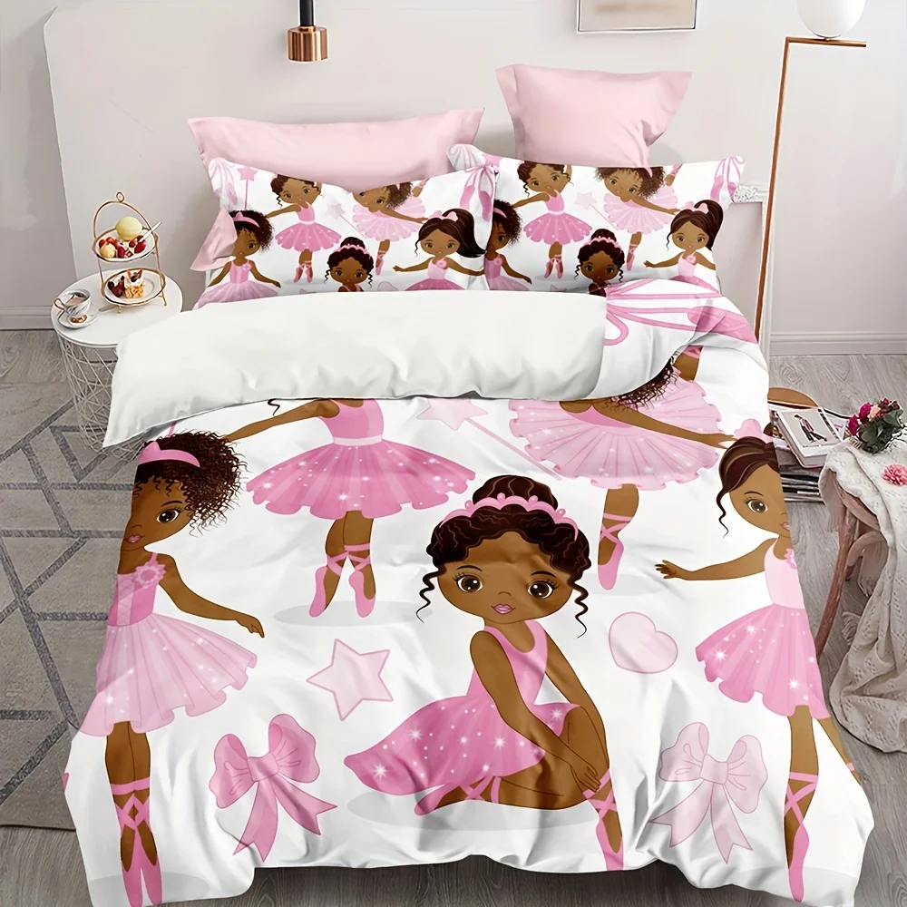 3pcs Vibrant Pink African American Ballerina Duvet Cover Set - Soft, Breathable, and Durable Bedding for Bedroom and Dorm Room