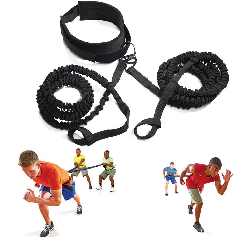 

Durable Heavy Duty Fabric Sleeved Resistance Bands Bungee Cord Set Trainer with Waist Belt Harness