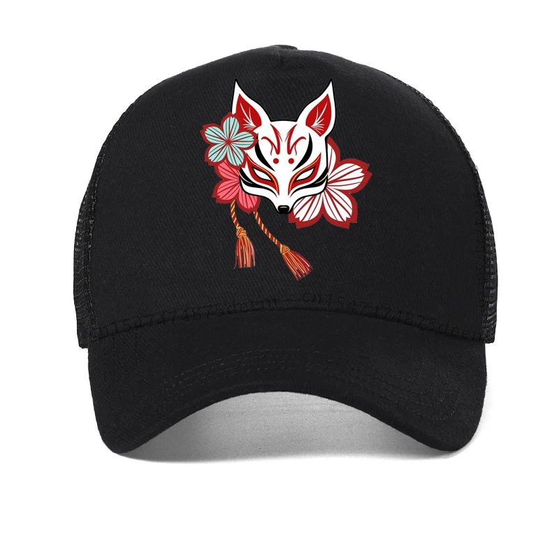 Japanese Aesthetic Kitsune Fox Mask Art Womens hat Hip Hop Trendy Fox Mask Baseball Cap Harajuku pop Mesh Trucker hats