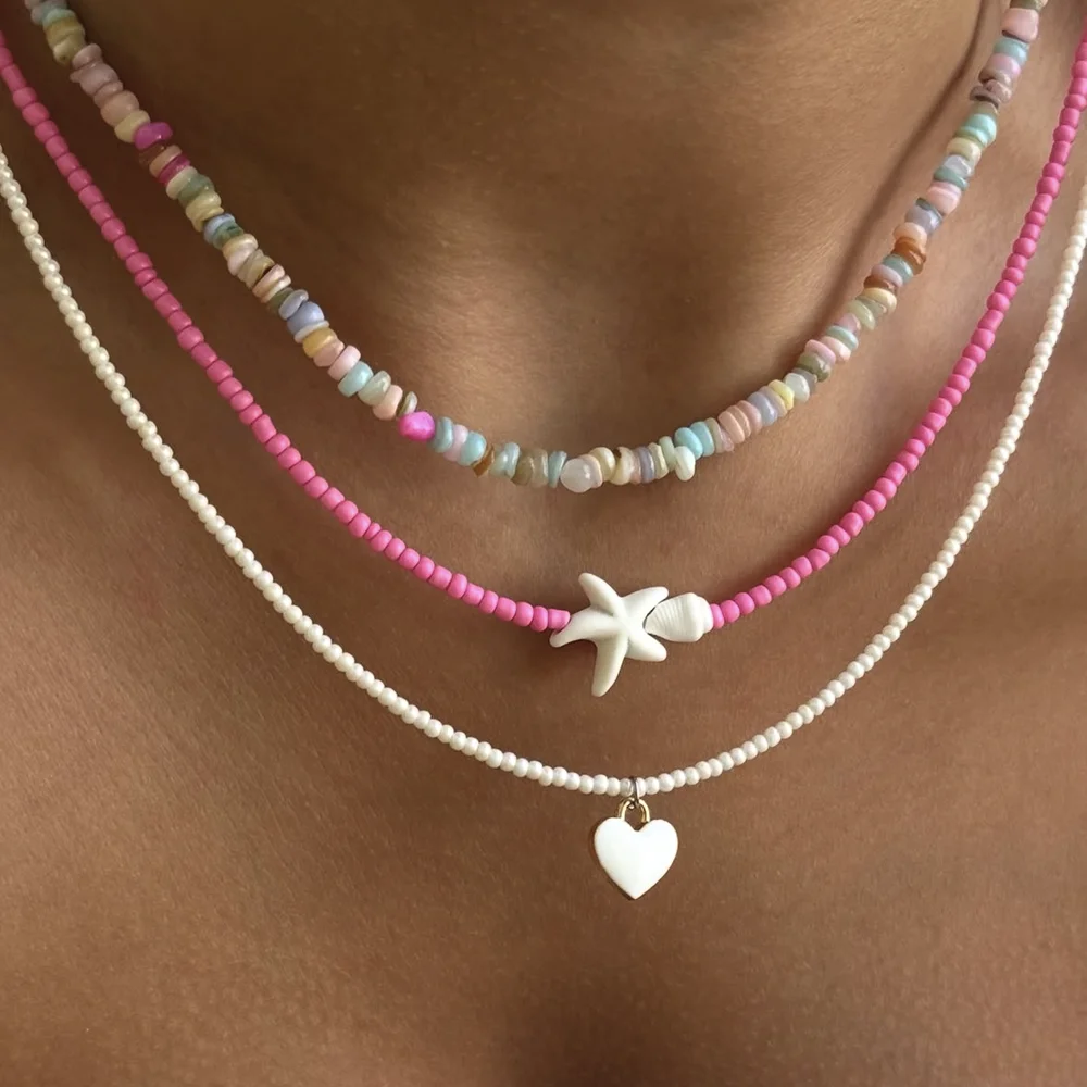Bohemian Handmade Multilayer Colorful Beads & Shell Chain Fashion Necklaces Heart  Pendant Jewelry For Women Accessories N0554
