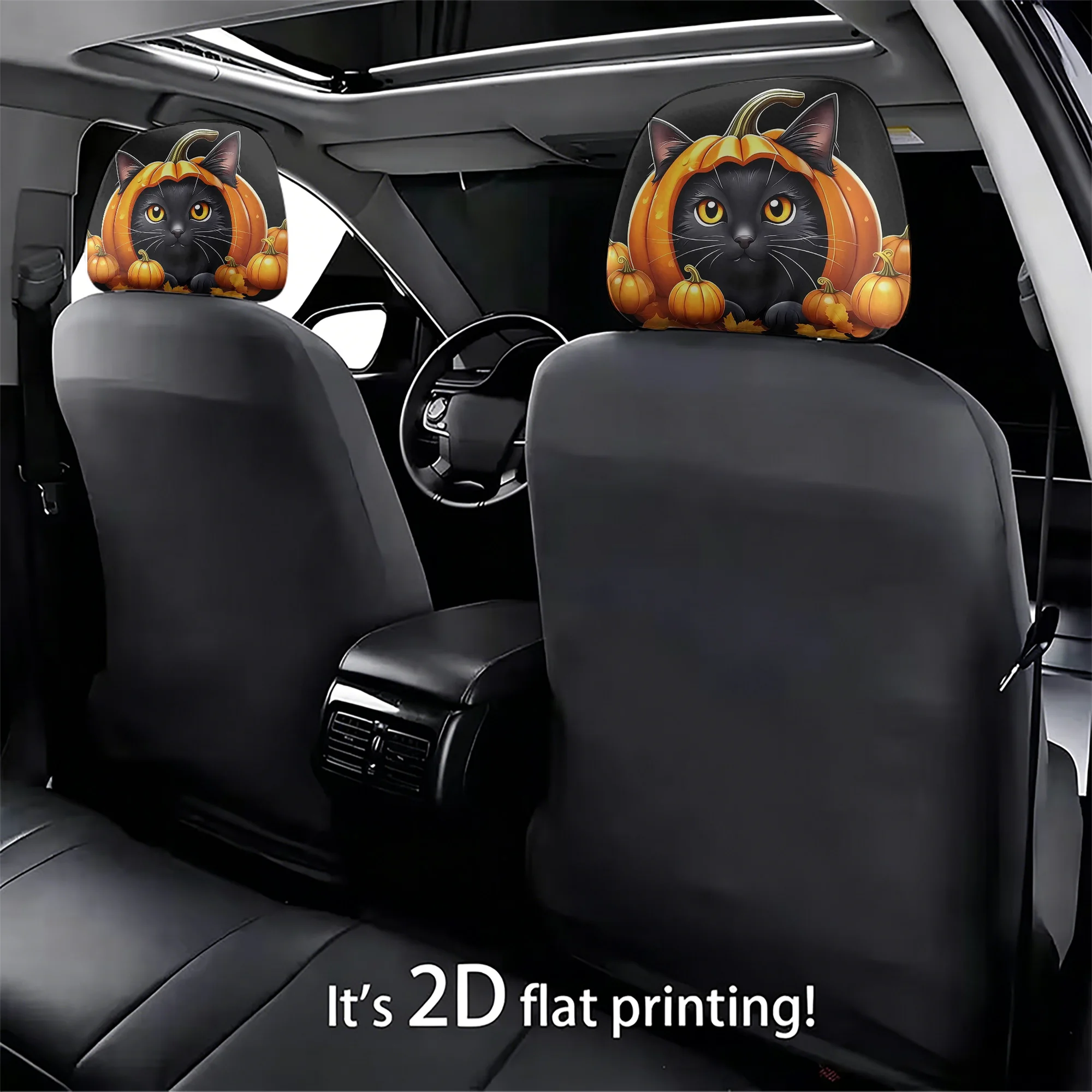 2pcs Halloween Pumpkin and Black Cat Car Headrest Covers—the perfect choice for festive car decor. Filling not included. Easy to