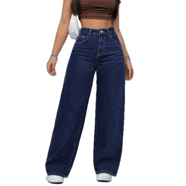Deep Blue High Waist Wide Leg Sexy Girl Jeans Long Pants Summer Cross-Border Style Loose Fit Cotton Stretch Denim Fabric