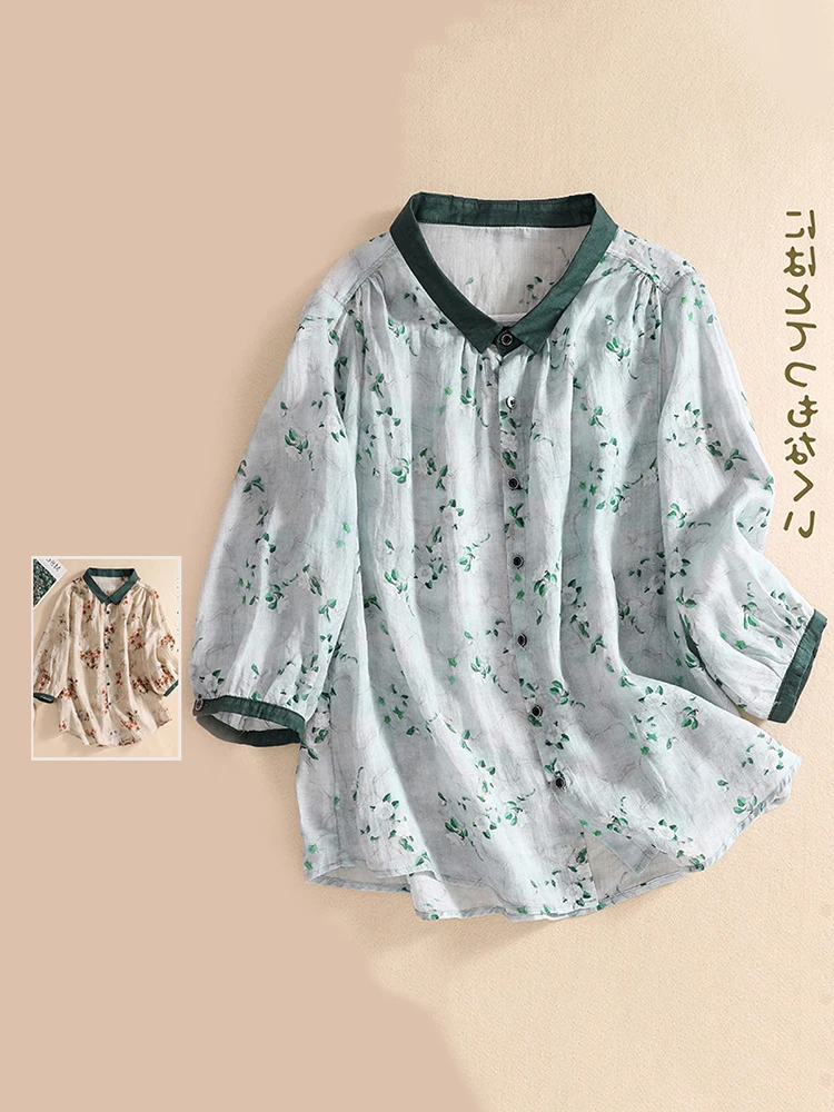 

Художественный хлопок и лен с цветочным принтом Seven-Quarter Sve irt, большие размеры, женский модный цветной блуэтный воротник, тонкий асимметричный...