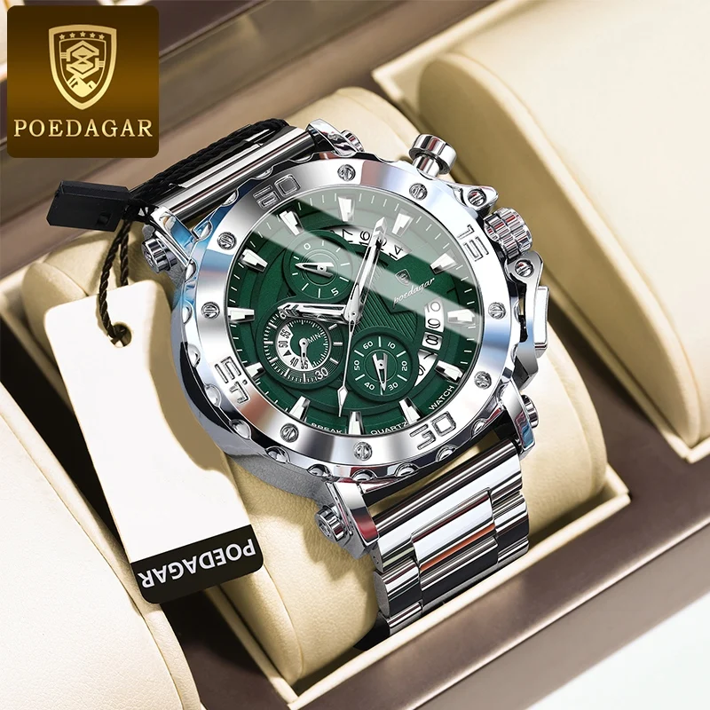 포에다가 패션 남성용 시계 캘린더 야광 방수 쿼츠 남성용 시계 크로노그래프 스테인리스 스틸 비즈니스 남성용 시계