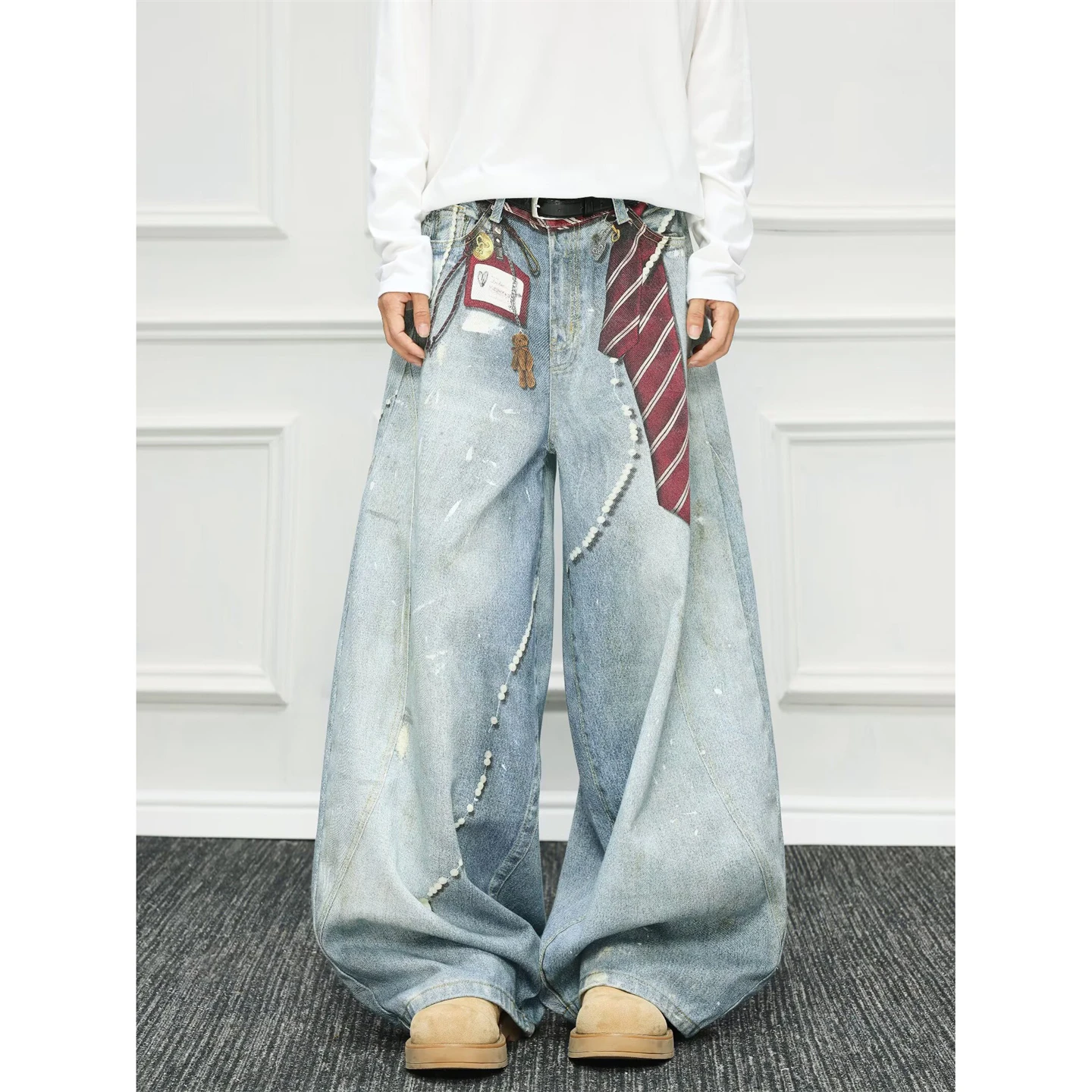 

Мужские джинсы с широкими штанинами в американском стиле ретро, свободные прямые брюки с принтом, длинные брюки, шелковый шарф, повседневные молодежные джинсы