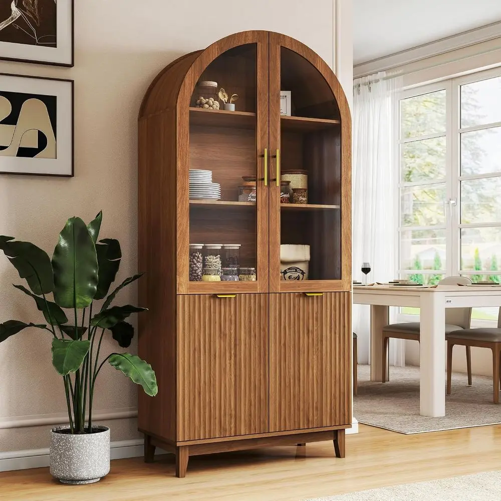71 Walnut Arched Glass Door Kitchen Pantry Cabinet with Adjustable Shelves for Dining or Living Room view 4