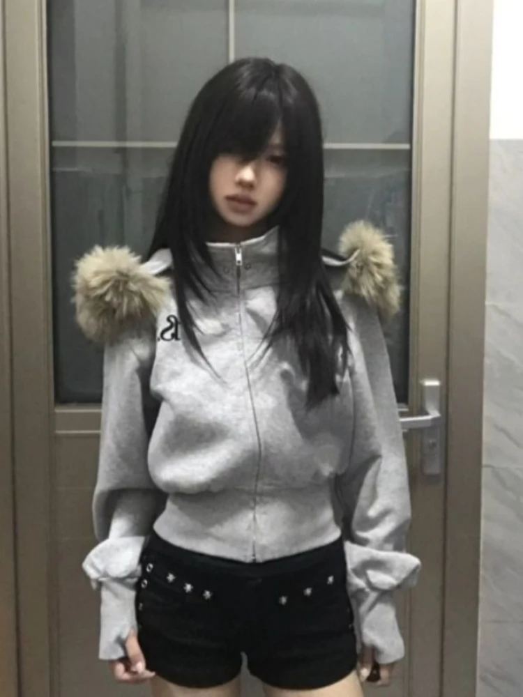 

Deeptown Vintage Gray Fur Collar Hoodies Women Korean Style Crop Hooded Sweatshirt Harajuku Fashion High Street Zipper Hoodies