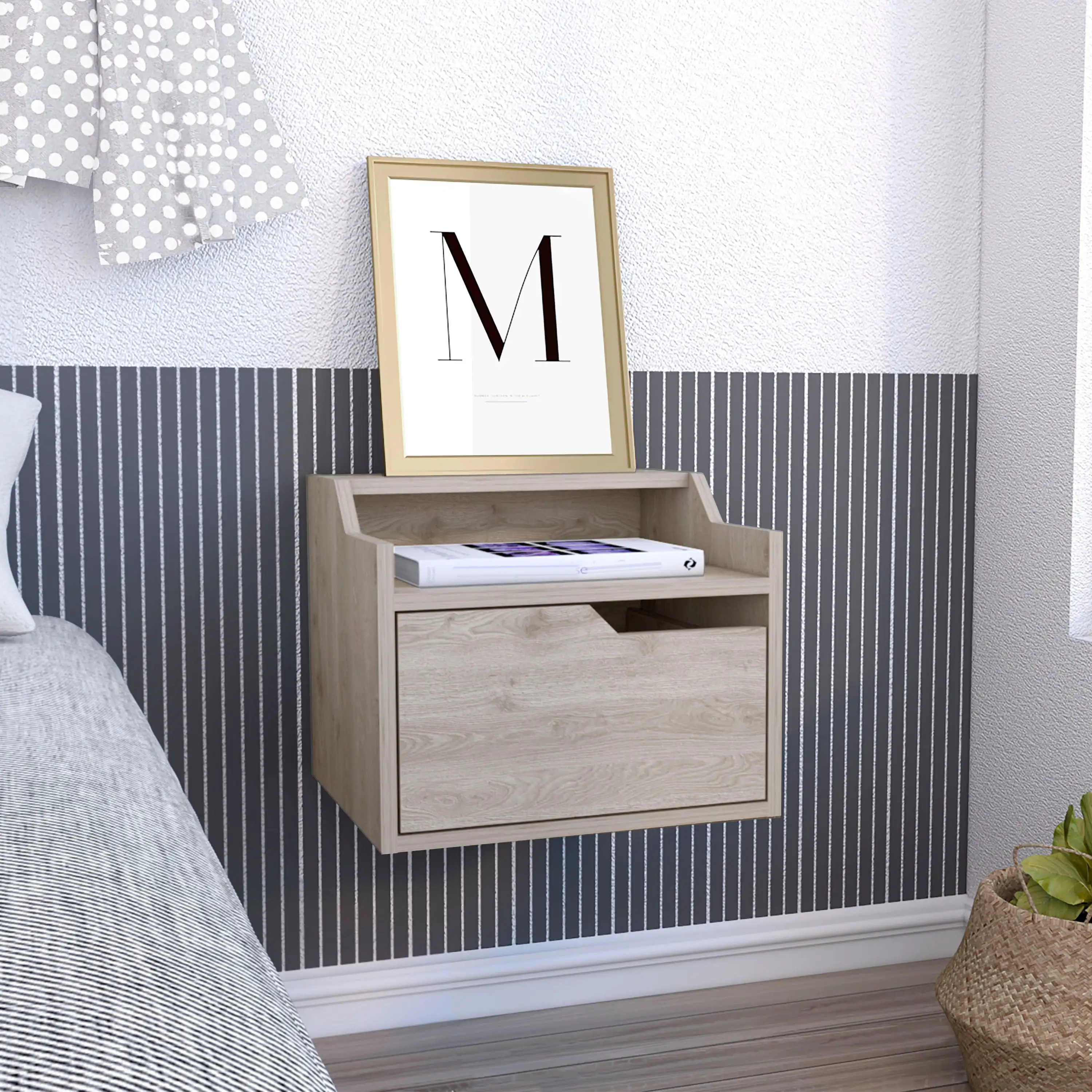 Busan Modern Floating Nightstand, Single-Drawer Design with Sleek Two-Tiered Top Shelf Surfaces Light Grey