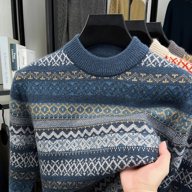 Men Crew Neck Fair Isle Sweater Vintage Geometric Pattern Knitted Pullover Long Sleeve Warm Nordic Style Autumn Winter Casual