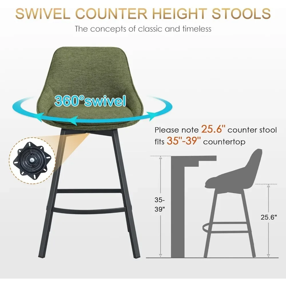 Conjunto de 4 bancos de bar giratórios, altura de balcão moderna com encosto, cadeiras altas estofadas em tecido de linho de 26''