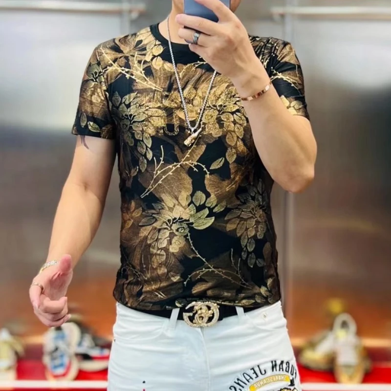 Summer Men\'s Gilded Jacquard T-shirt Fashion Short Sleeve Slim Fit Casual T-shirt Round Neck Business Social Streetwear Tee Tops