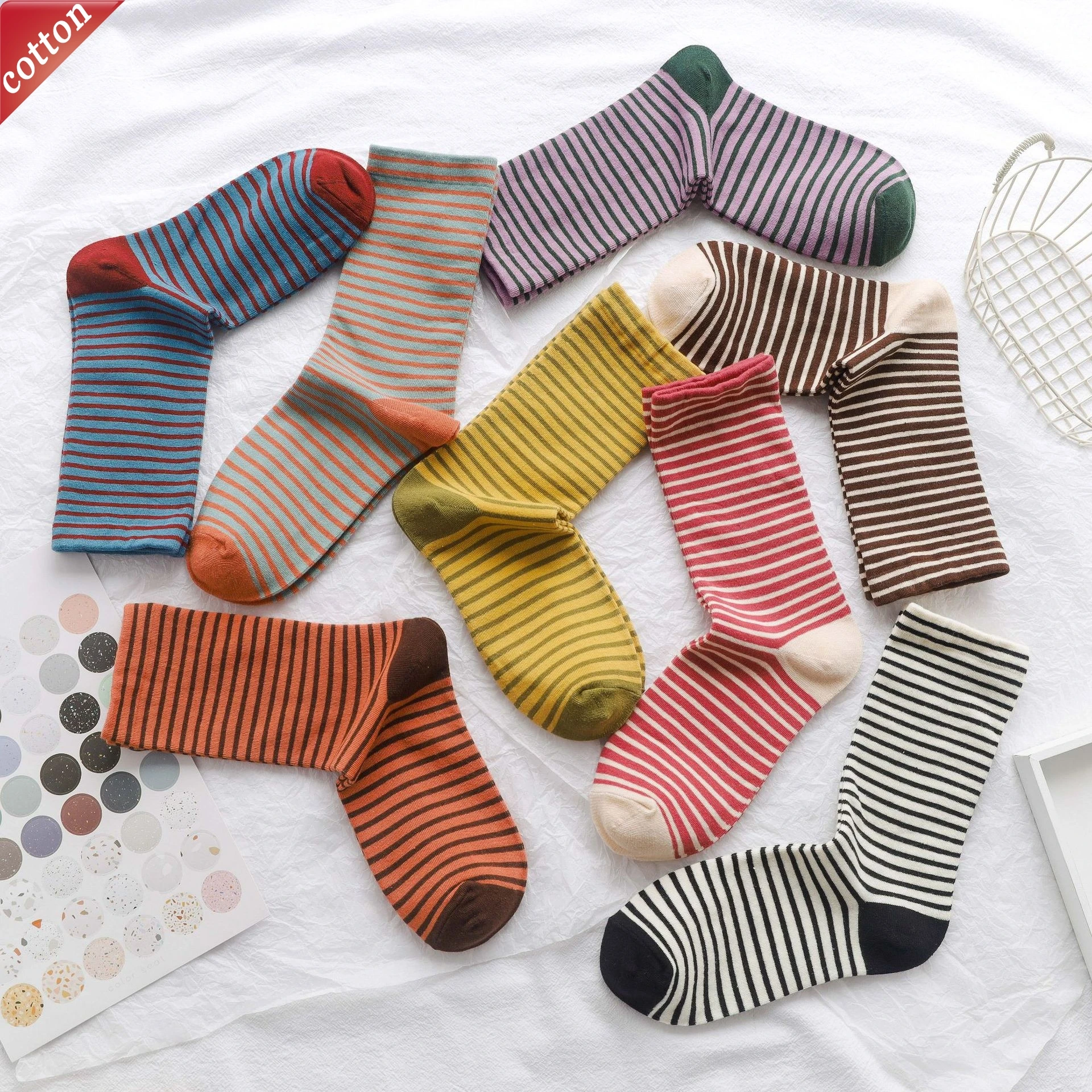 

5 пар женских хлопковых носков, комплект корейских полосатых простых универсальных носков средней длины контрастного цвета, удобные ворсовые носки для девочек