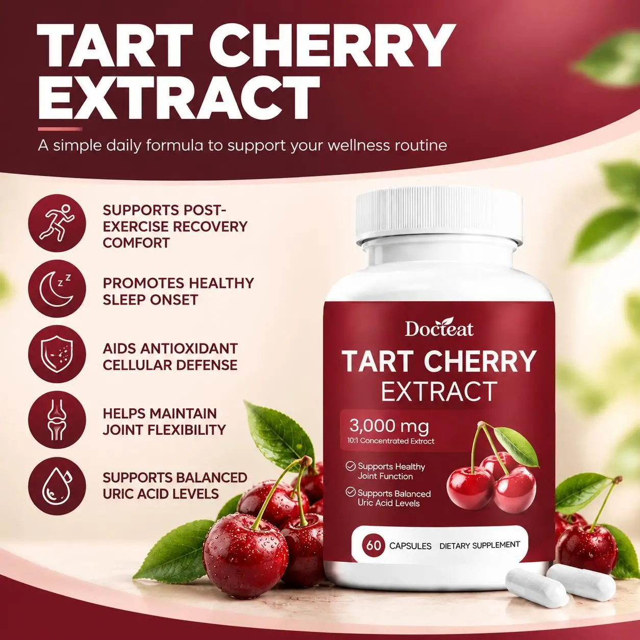 Tart Cherry Extract Capsules Supports Joint Comfort, Sleep Quality with 10:1 Concentrated Cherry Antioxidant Formula 60 Capsules