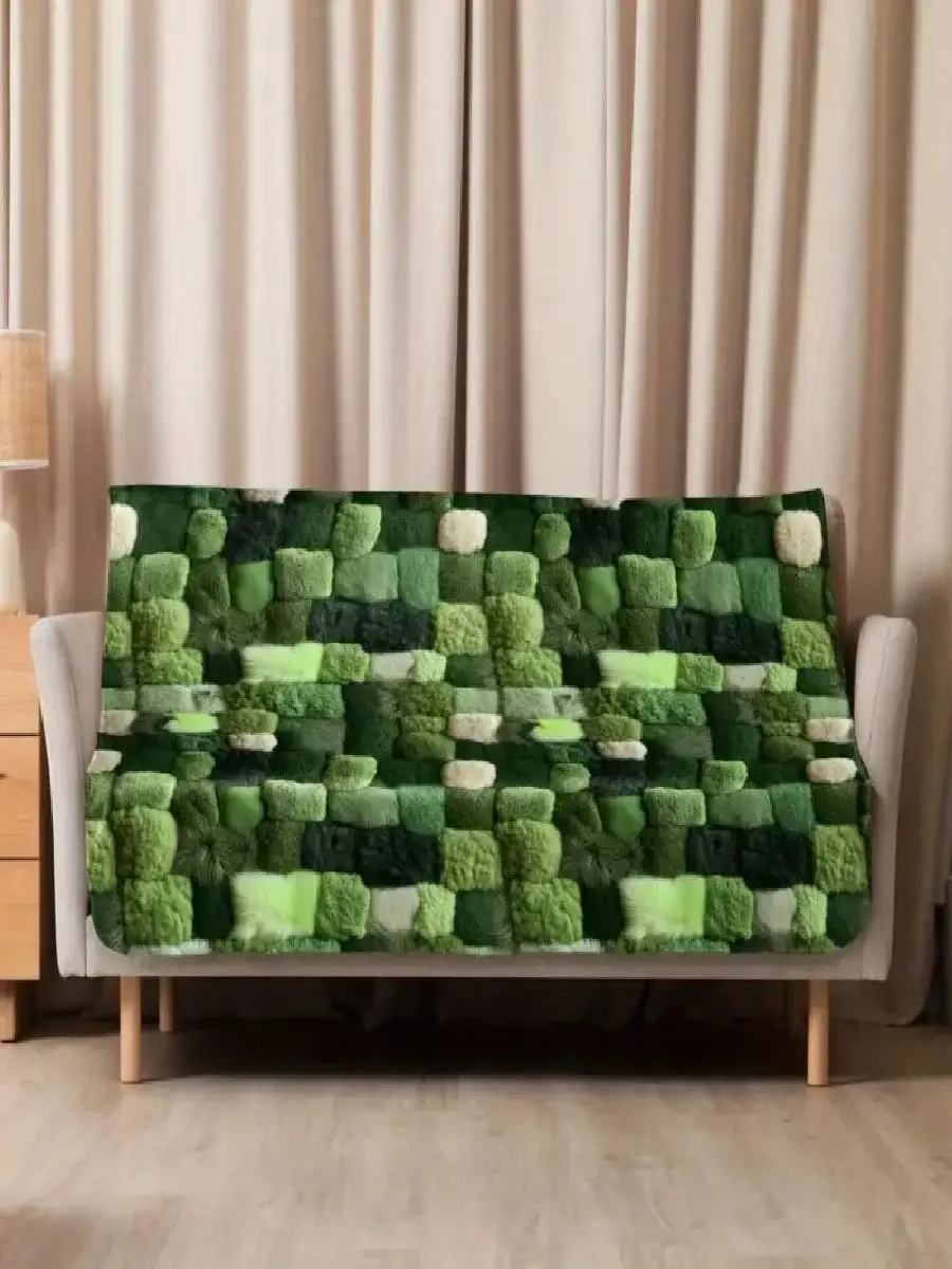 Super Soft Moss Green Blanket  Four Seasons Luxury Flannel Bed Cover with Thick Forest Texture Green and Brown Mosaic Patterns