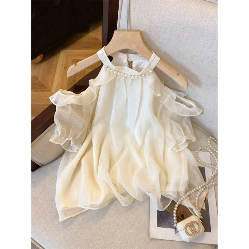 Sweet Pearl Neck Short-sleeved Women's 2025 Summer Loose Temperament Chiffon Chic Shirt Slightly Show Shoulder Top