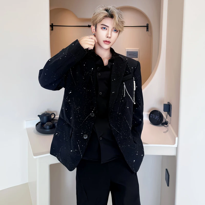 WTHT Fashion Men's Spliced Metal Chain Sequins Shoulder Pads Blazer Coats Trendy 2025 Autumn Lapel Loose Jackets Male 2A2132