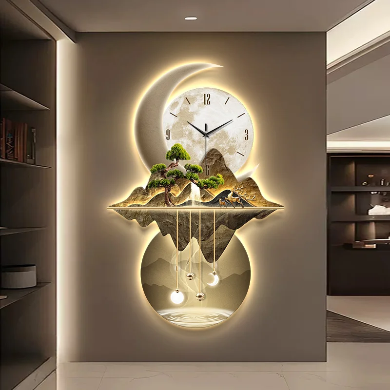 Nine Fish Graph Entrance Hall Wall Clock Large-Scale LED Digital Clock Corridor Mural Lamp Villa Quartz Clock Watch Home Decor