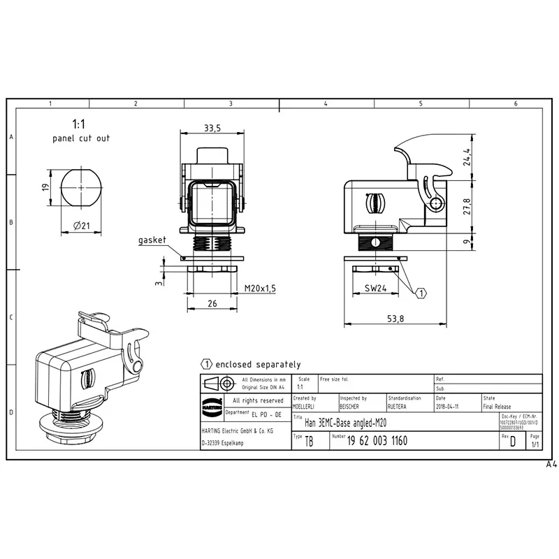 19620031160 HARTING 3A 1xM20 Single locking fastener Steel Screw mounting base Elbowed