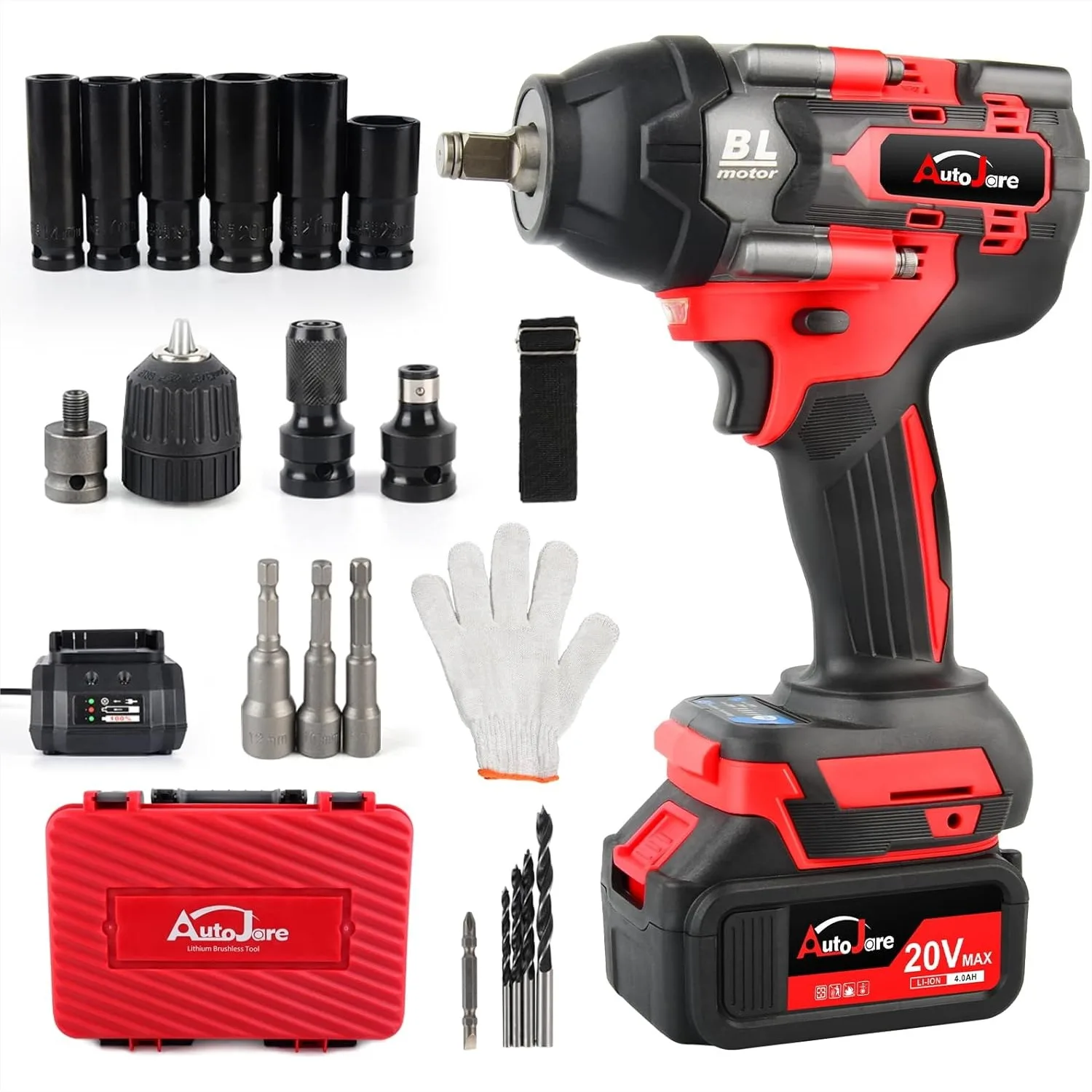 

Cordless Impact Wrench Kit 1/2 inch, Brushless Motor 20V Max Rechargeable Battery with Charger 6pcs Sockets