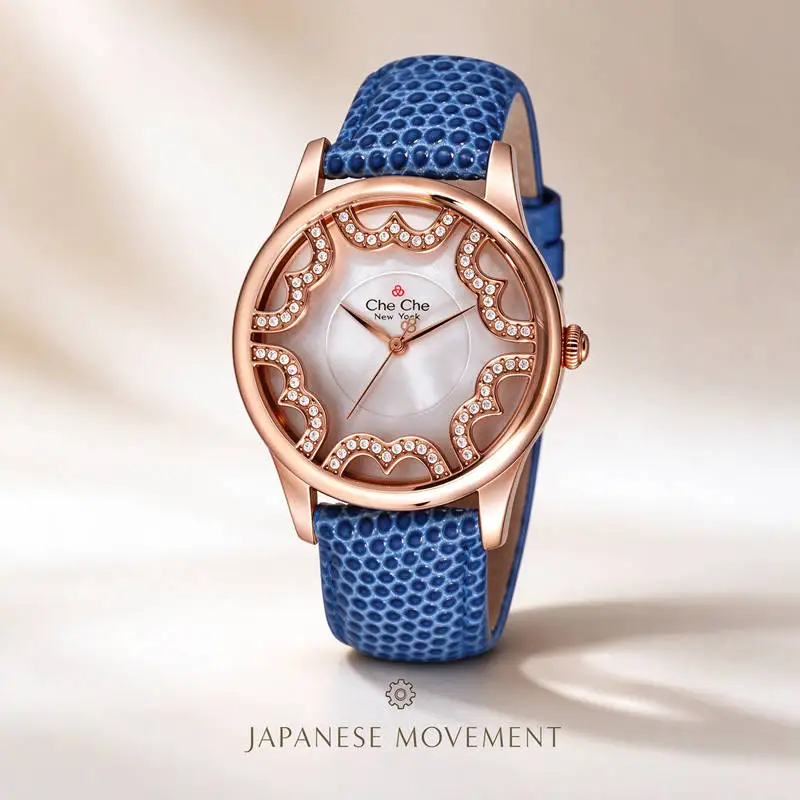 Women Watch Rose Gold Hollow Crystal Dial Genuine Leather Strap 50M Waterproof Japanese Movement Stainless Steel Ladies Gift Box
