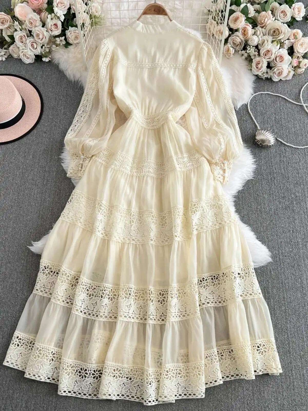 Vestido de noche bordado de encaje blanco liso para mujer, bata Midi de manga larga para fiesta y boda, moda de verano y otoño