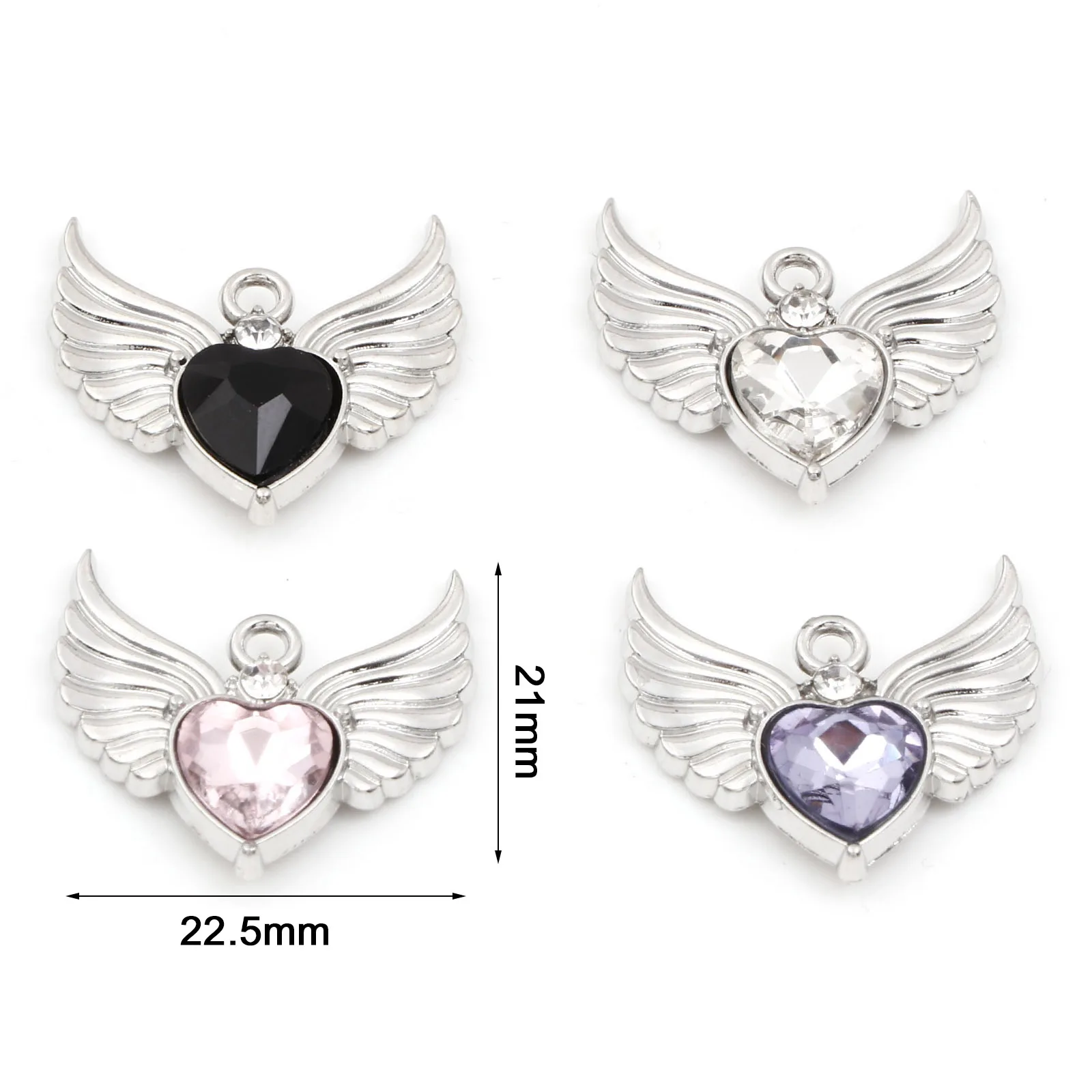 5PCs Sweet Rhinestone Heart Wing Charms Silver Color Metal Pendants Diy Necklace Earring Women Jewelry Making Findings 22.5x21mm