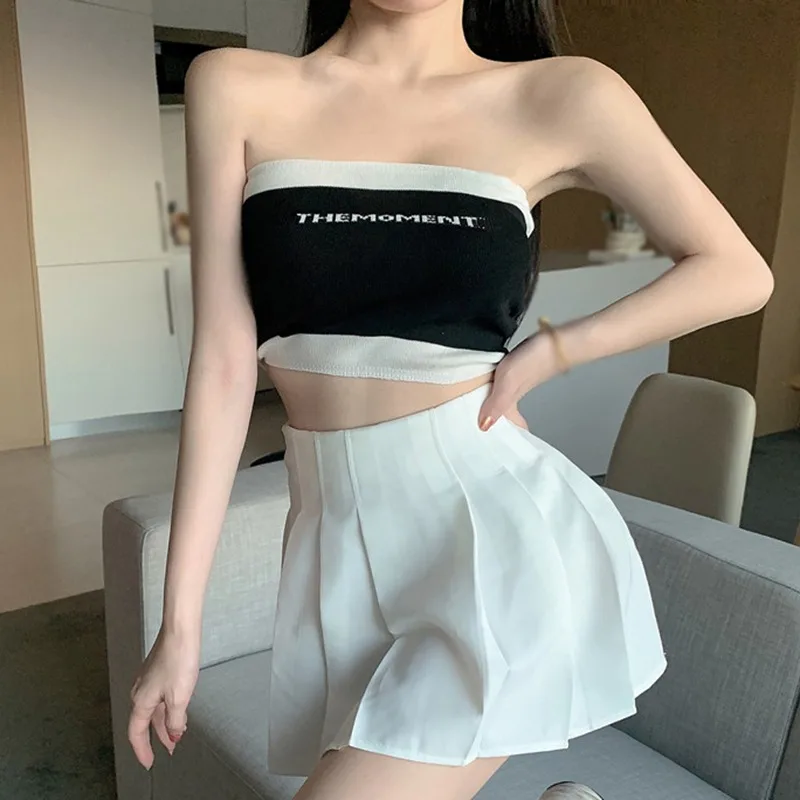 Women's Colorblock Tube Crop Top Sleeveless Strapless Fitted Summer Bandeau Crop Tops