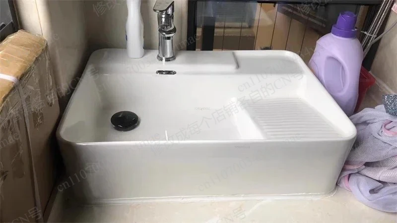 Compact Ceramic Washbasin with Washboard, Side Drain Design for Balcony & Bathroom