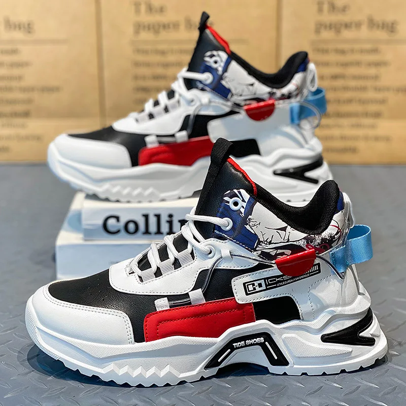 Men High Top Casual Shoes Fashion Lace-up Color Matching Sports Shoes Street Culture Walking Shoes For Men Comfort Platform Shoe