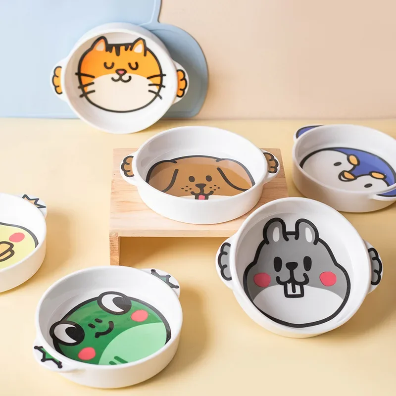 Cartoon Korean Style Ceramic Magical Animal Double Ear Bowl Wooden Frame Single Bowl Protecting The Cervical Spine for Cat Dog